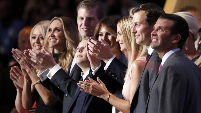 The family of Republican presidential candidate Donald Trump watch for the balloon drop at the conclusion of the Republican National Convention in Cleveland