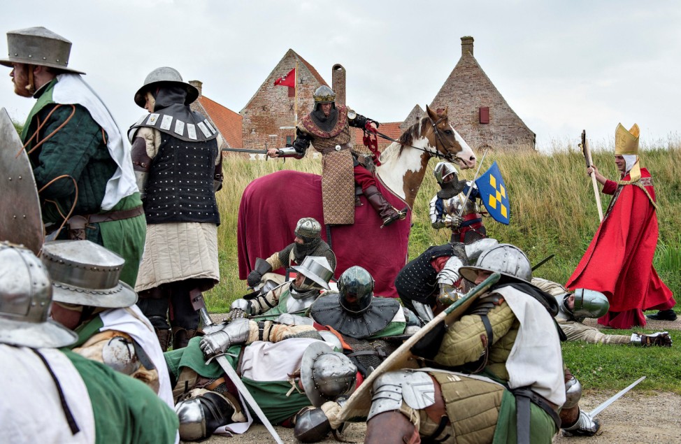 People in medieval costumes participate at the European Championship in Knight Joust at the Spoettrup medieval castle