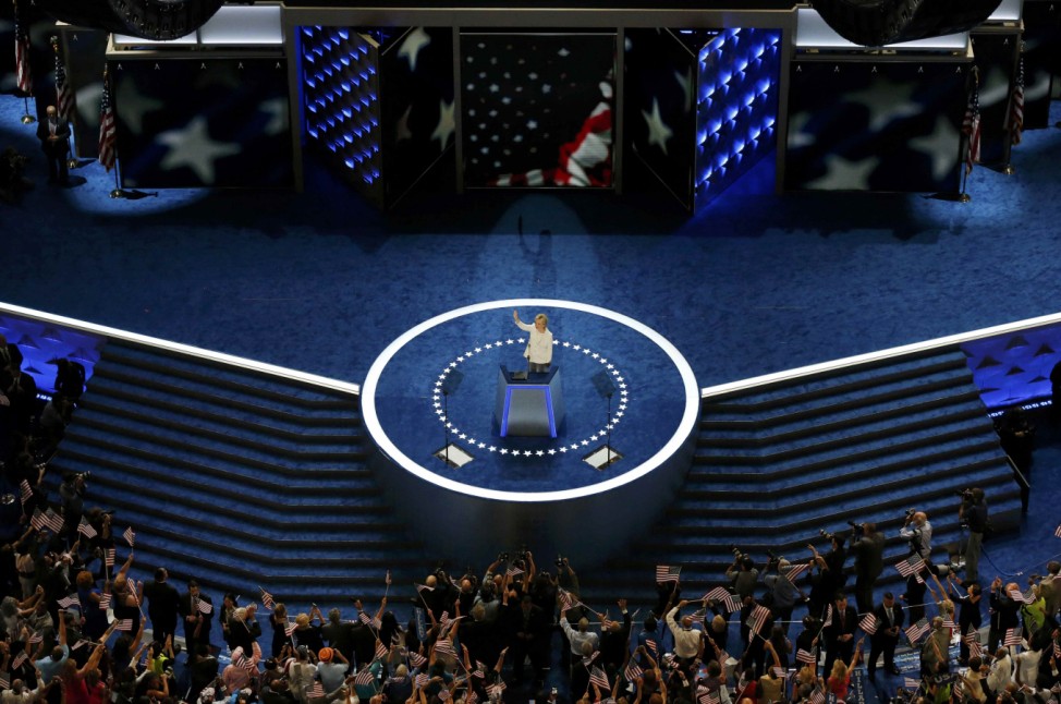 Democratic presidential nominee Hillary Clinton waves at the Democratic National Convention in Philadelphia, Pennsylvania