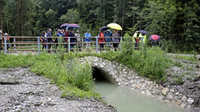 Icking: Zahlreiche Vertreter der beteiligten Behörden und Kommunen besichtigen den neuen, vom heftigen Regen getrübten Auenbach.