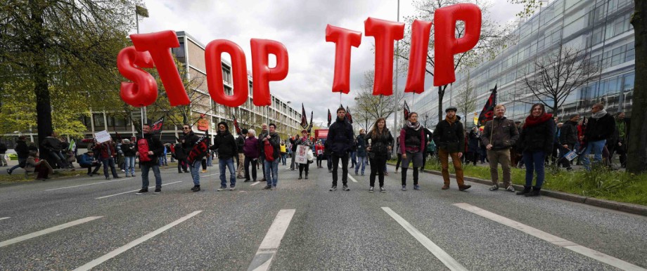 Protesters demonstrate against TTIP free trade agreement ahead of U.S. President Obama's visit in Hannover
