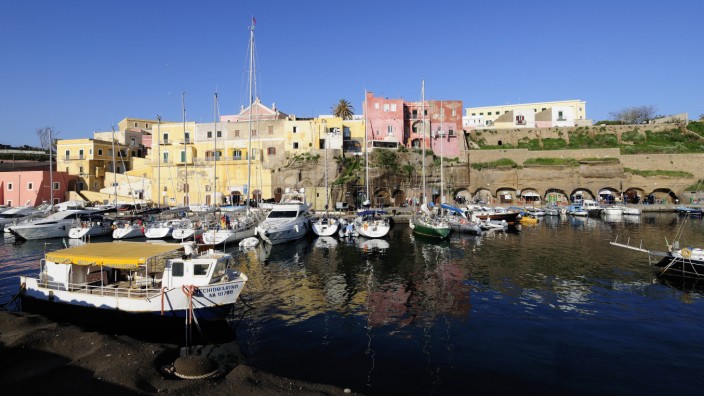Boats in the harbour at the roman port Ventotene Pontine Islands Italy 2008 PUBLICATIONxINxGERxSU