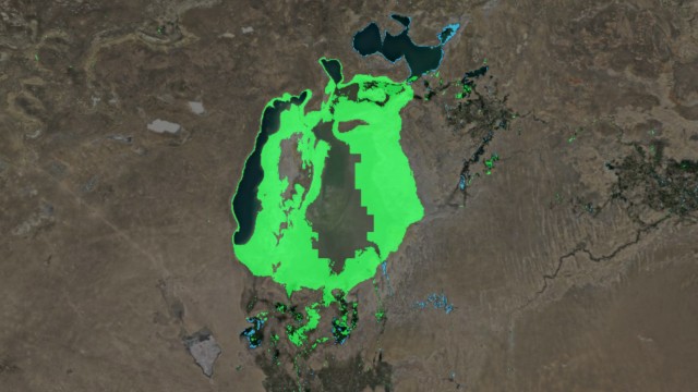 Globaler Wandel: Dramatisch ist die Situation am Aralsee: Die grüne Markierung zeigt an, dass der einst viertgrößte See der Erde seit 1985 rund 28 000 Quadratkilometer Fläche verloren hat.