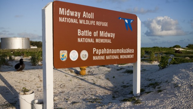 The Midway Atoll National Wildlife Refuge park sign is seen on Midway Atoll