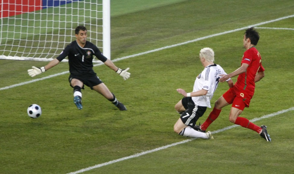 Germany's Schweinsteiger scores past Portugal's goalkeeper Ricardo during Euro 2008 quarterfinal in Basel