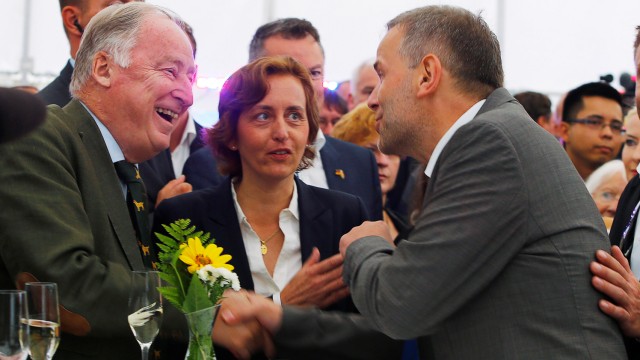 Top candidate Holm, Gauland and Storch of the anti-immigration party Alternative for Germany (AfD) react after first exit polls during the Mecklenburg-Vorpommern state election at the party post election venue in Schwerin