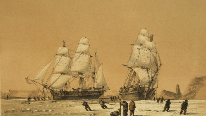 Arktis: HMS Terror und Erebus in einem Gemälde von Charles Haghe