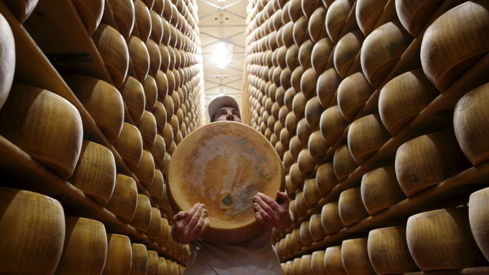 Worker carries fresh Parmesan wheel off storehouse shelf a 4 Madonne Caseificio dell'Emilia dairy cooperative in Modena
