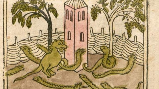 Historische Reisen: Ein wundersames Naturereignis: Der Kampf der Land- mit den Seeschlangen. Illustration: Handschrift Hans Schiltberger, Augsburger Druckausgabe von 1477