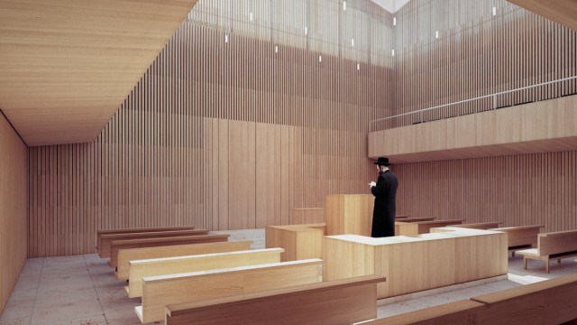Judentum: Im Innenraum der Synagoge ist der Kontrast zwischen Beton und transparentem Aufbau mit lichtdurchlässigen Holzlamellen gut zu erkennen.