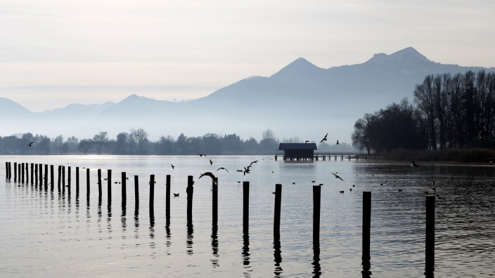 General view shows lake Chiemsee during early morning hours near Prien
