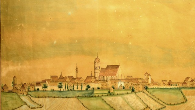 Erding: Blick auf Erding von Nordwesten aus dem Jahr 1818, ein Aquarell von Alois Fackler. Ein Repro des Orginals ist im Museum Erding zu sehen.