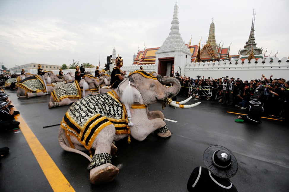 Ayuthaya elephants and mahouts pay their respects at the Royal Palace where Thailand's late king Bhumibol Adulyadej is lying in state, in Bangkok