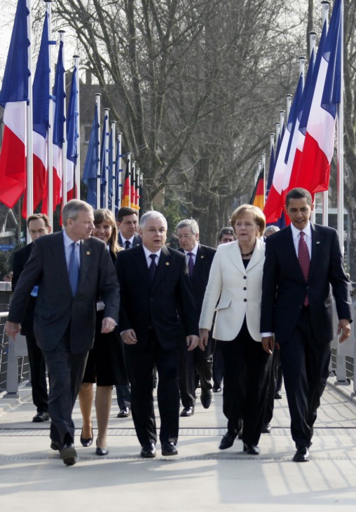 NATO heads of state and government walk on the 'Two Banks Bridge' on the Rhine river in Kehl