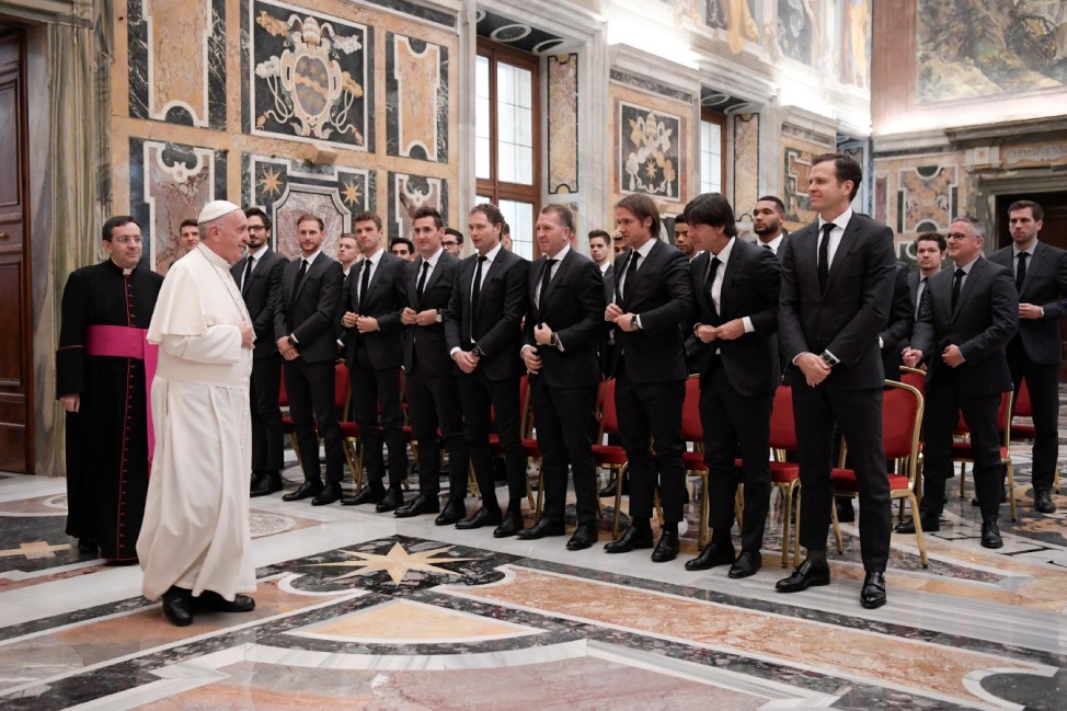 Pope Francis arrives to attend a private audience with German national soccer team at the Vatican