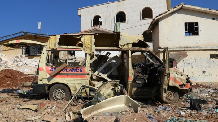 A damaged ambulance is pictured after an airstrike on the rebel-held town of Atareb, in the countryside west of Aleppo
