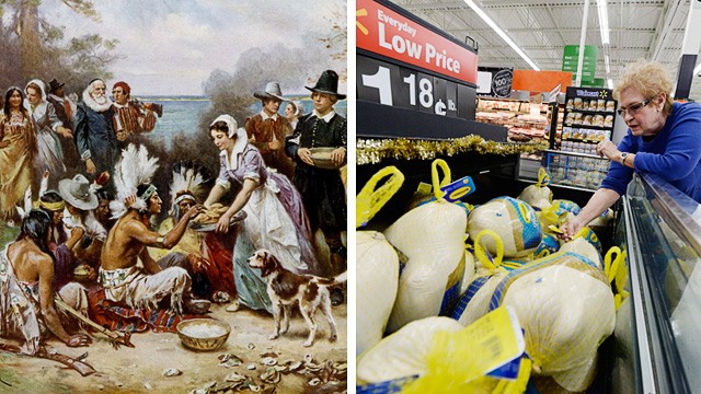 Thanksgiving: Plymouth Rock in Massachusetts 1621: Die Gründerväter feiern mit den einheimischen Wampanoag-Indianern ein dreitägiges Erntedankfest. Heute werden in den USA jedes Jahr knapp 50 Millionen Truthähne zu Thanksgiving verkauft.