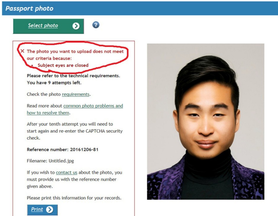 A screenshot of New Zealand man Richard Lee's passport photo rejection notice, supplied to Reuters