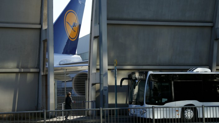 The tail of a Lufthansa plane is pictured during a pilots strike of the German airline at Frankfurt airport