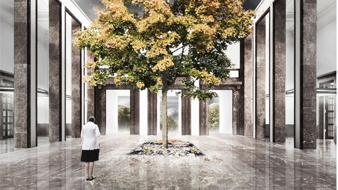 Haus der Kunst: Grün statt Grau: Dieser Entwurf von Teresa Gstöttl und Antonia Sivjakov sieht den Umbau der "Ehrenhalle" zum Außenraum mit Bäumen vor.
