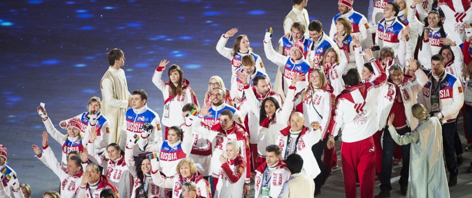 Feb 23 2014 Sochi RUS Russia s team enters Fisht Stadium during the parade of athletes at the