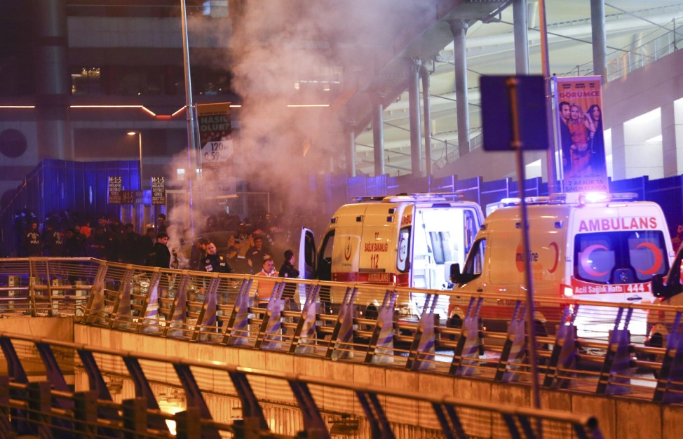 Police and ambulances arrive at the site of an explosion in central Istanbul