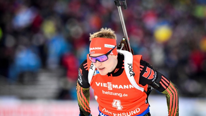 Benedikt Doll of Germany in action during the men's 12,5km pursuit during the Biathlon World Cup in Ostersund