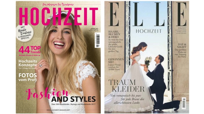 Zeitschriften für Ja-Sager: Der Klassiker und die Neue: Hochzeit (5,90 Euro) erscheint seit 1968; Elle Hochzeit (9,80 Euro) seit März.
