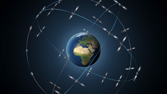 Raumfahrt: Die geplante Galileo-Konstellation: Jeweils acht Satelliten plus sechs Ersatzsatelliten sollen einst auf drei Umlaufbahnen in 23 200 Kilometern Höhe die Erde umkreisen.