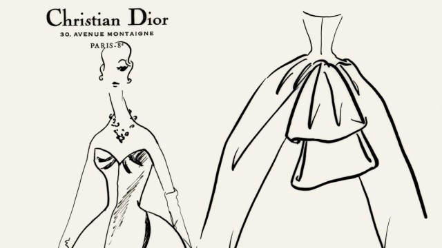 Modegeschichte: Typisch ist die schmale Taille zum üppig Falten werfenden Rock - keiner verarbeitete so viel Stoff für seine Kleider wie Dior. Oben der Entwurf.