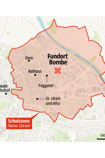 Augsburg: Die britische Fliegerbombe liegt mitten im Zentrum Augsburgs. (SZ-Grafik; Quelle: Stadt Augsburg)