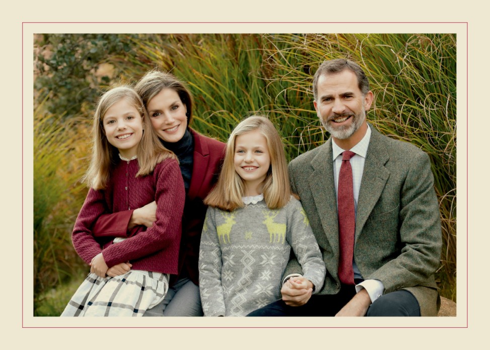 Spain's King Felipe and Queen Letizia pose with their daughters Princess Leonor and Princess Sofia in the traditional Christmas card released by the Spanish Royal House in Madrid