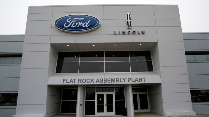 An entrance to the Ford Motor Co. Flat Rock Assembly Plant is seen in Flat Rock, Michigan