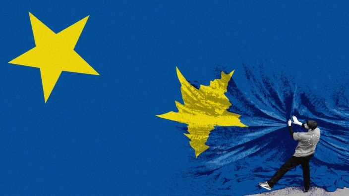 Reaktion auf die Krise: 25 Jahre nach dem Beschluss zur Einführung des Euro herrscht Mutlosigkeit in Brüssel. Foto: Francois Lenoir/Reuters; Illustration: Özer/SZ
