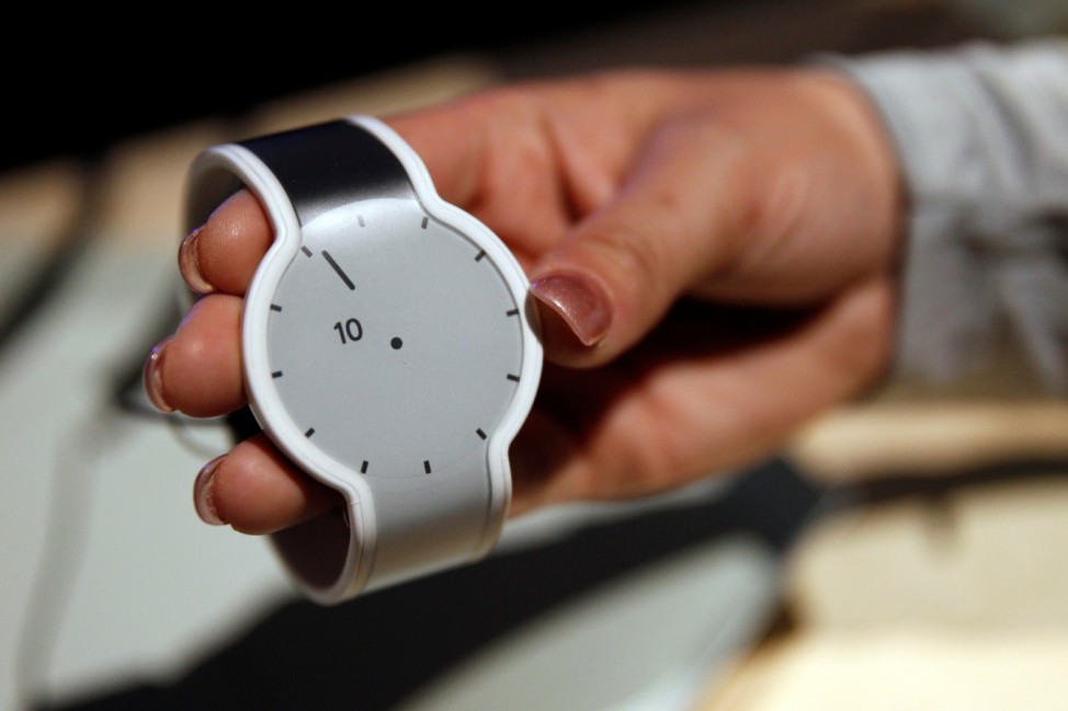 A Sony FES watch is displayed during a Sony news conference at the 2017 CES in Las Vegas