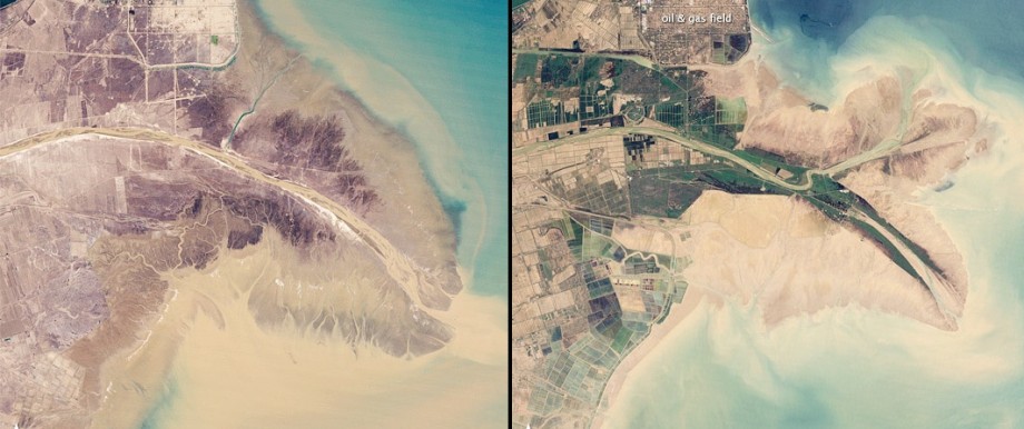 China: Links eine Landsat-Aufnahme von 1989, rechts von 2009: In 20 Jahren ist die Stadt Dongying stark expandiert, es gibt neue Ölförderpumpen und Aquakulturen.