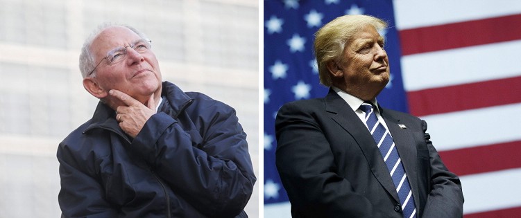 Exportüberschuss: Der deutsche Finanzminister Wolfgang Schäuble und der designierte US-Präsident Donald Trump: Zwei Politiker mit Ansichten, wie sie unterschiedlicher kaum sein könnten.