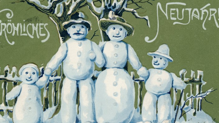 Oberschönenfeld: Frohes neues Jahr - wünscht eine Schneemannfamilie auf einer Neujahrskarte von 1910.