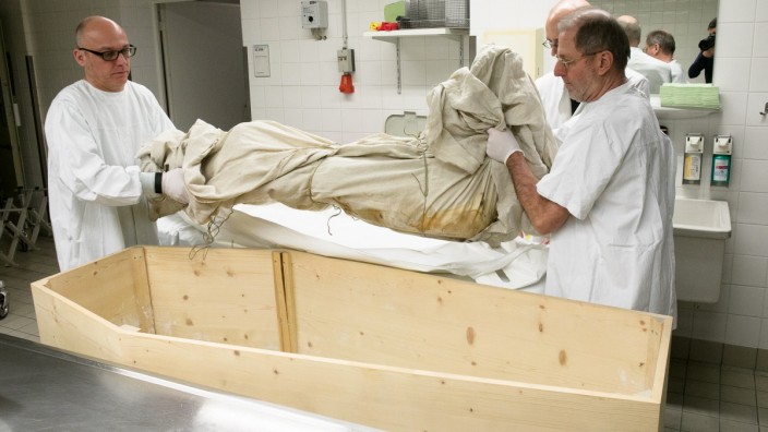 Schweinemumie, mumifiziertes Schwein wird im Klinikum Schwabing in die in die Kernspin-Röhre geschoben.