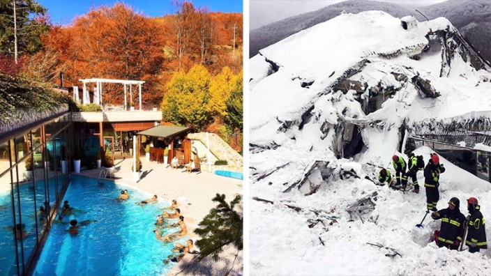 Italien: Das Hotel Rigopiano ist durch die Schneemassen völlig zerstört (rechts im Bild). Links eine Aufnahme aus dem Sommer.