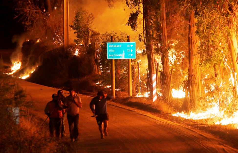 Fire is seen along a road in the town of Hualane during a big forest fire, on the outskirts of the Curico city