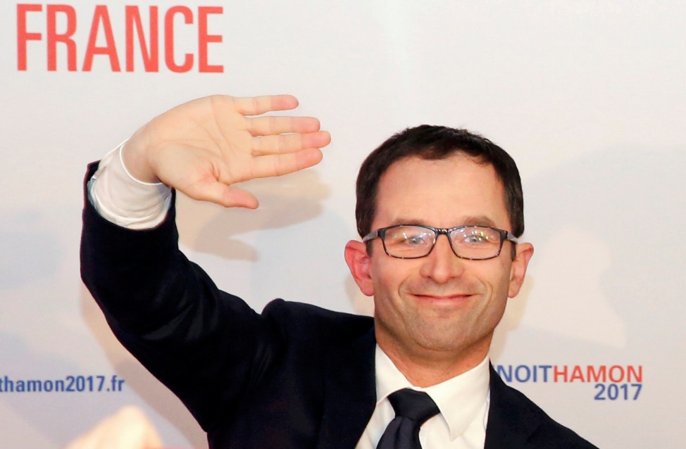 Former French minister Benoit Hamon reacts after the results in the first round of the French left's presidential primary election in Paris
