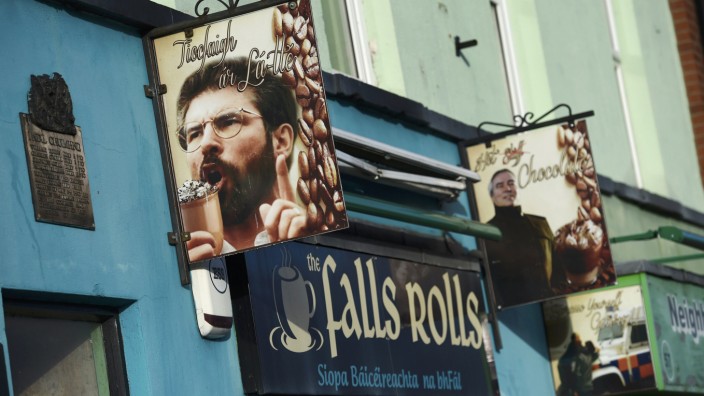 A cafe featuring images of SinnFeinn leader Gerry Adams is seen on the Falls Road, in Belfast
