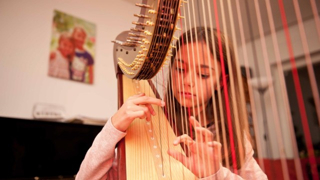 Ebersberg: Tamara Bodenmüller hat die Harfe beim Instrumenten-Karussell der Musikschule für sich entdeckt.
