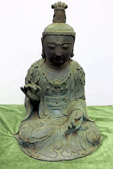 The stolen seated statue of the Kanzeon Bodhisattva from Kannonji temple in Tsushima, Nagasaki Prefecture.