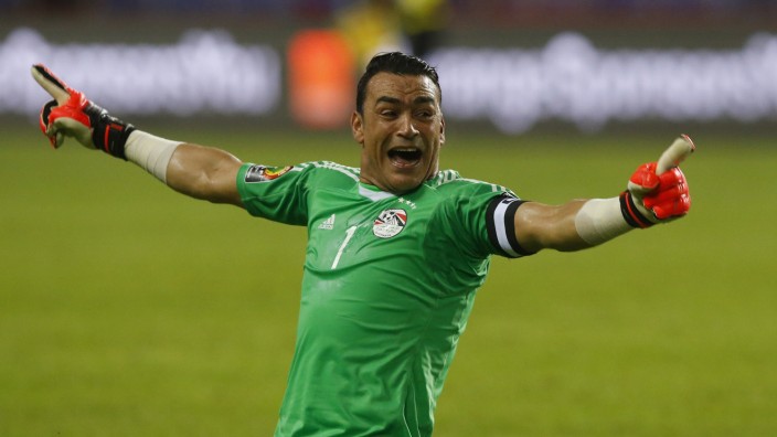 Egypt's Essam El-Hadary celebrates their first goal