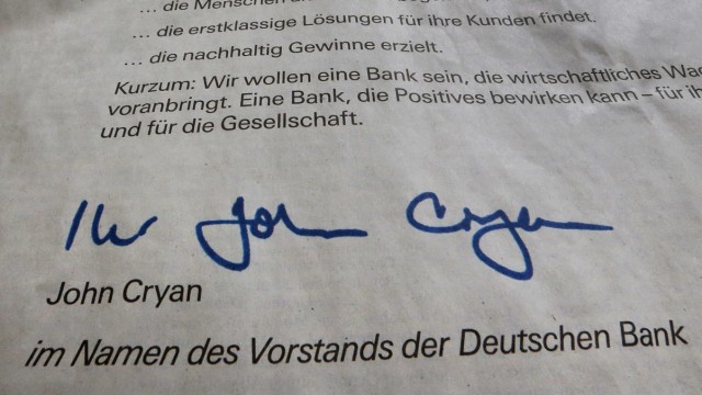 Deutsche Bank: Die Entschuldigung erschien als Anzeige in vielen Zeitungen, auch in der SZ