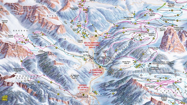 Gröden Südtirol St. Ulrich St. Christina Pistenplan Winter Skigebiet Sella Ronda