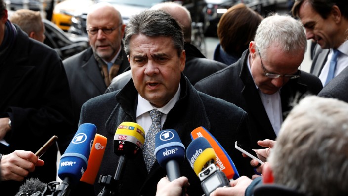 German Foreign Minister Sigmar Gabriel speaks to the media outside of German House in New York
