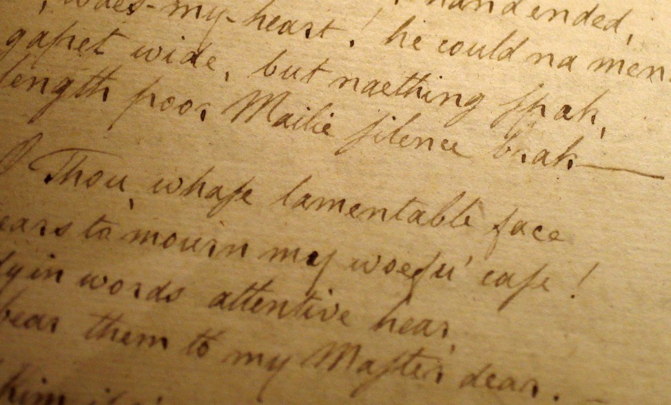 A handwritten manuscript by Scottish poet Robert Burns entitled 'The Death and Dying Words of Poor Maillie' is displayed at the Dick Institute in Kilmarnock, Scotland